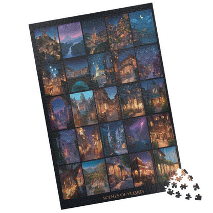 fantasy city of starlight jigsaw puzzle, magical night sky puzzle art, cozy fantasy puzzle for adults, relaxing cityscape jigsaw for readers