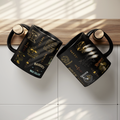 legant black cup with gold fantasy symbols, book lover mug with dragon motif, handcrafted romantasy mug for readers