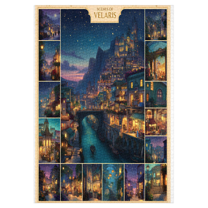 aesthetic city of starlight wall art puzzle, glowing night puzzle for mindful relaxation, whimsical fantasy jigsaw puzzle for adults