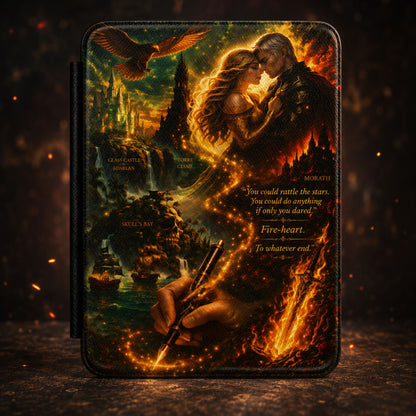 A protective tablet case featuring a detailed fantasy illustration of a couple embracing amidst flames and a castle, with a hand holding a pen in the foreground and text including 'CLIMB THE STAIRS' and 'Fire-heart. To whatever end.