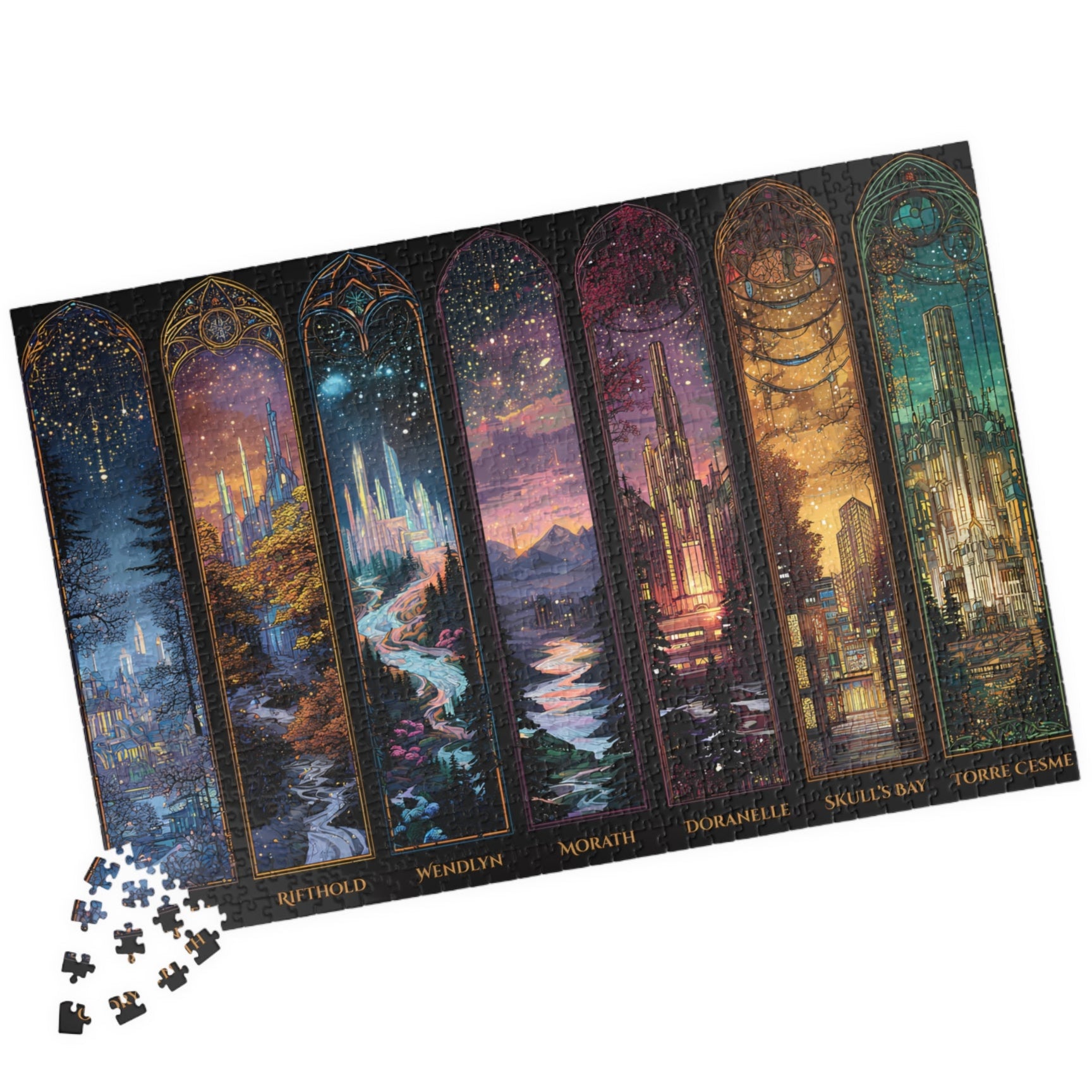 Fantasy fandom jigsaw puzzle with detailed city artwork,
Collectible Throne of Glass puzzle gift-ready for book lovers,