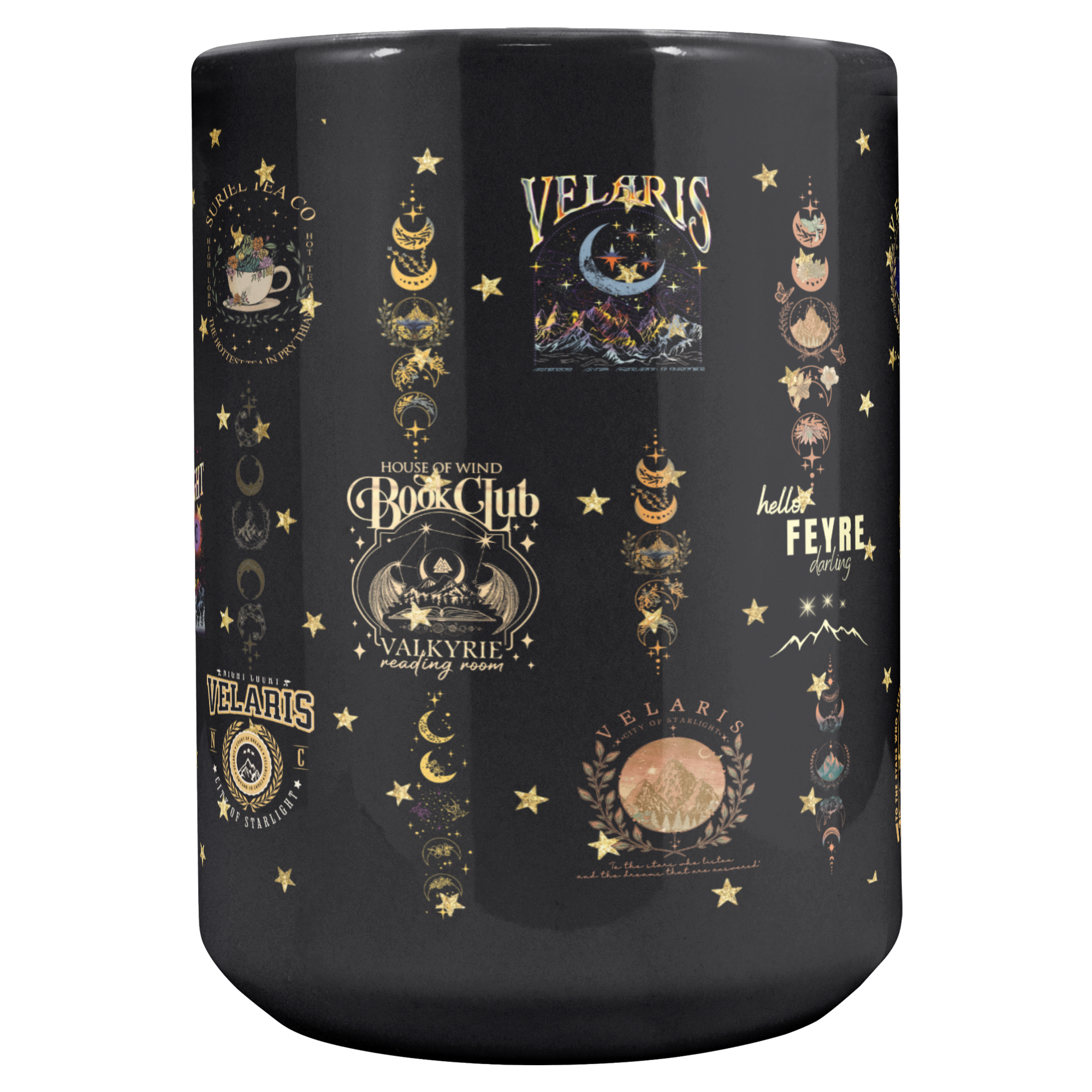 ACOTAR Fantasy Book Lover Mug – Black Glossy Celestial Coffee Cup Gift for Readers & Dreamers