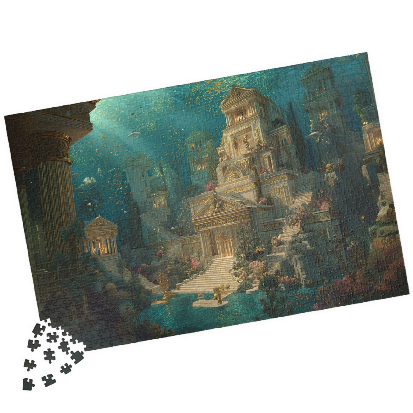 Jigsaw puzzle with a completed section of an underwater city scene. Fantasy underwater city jigsaw puzzle for adults and kids