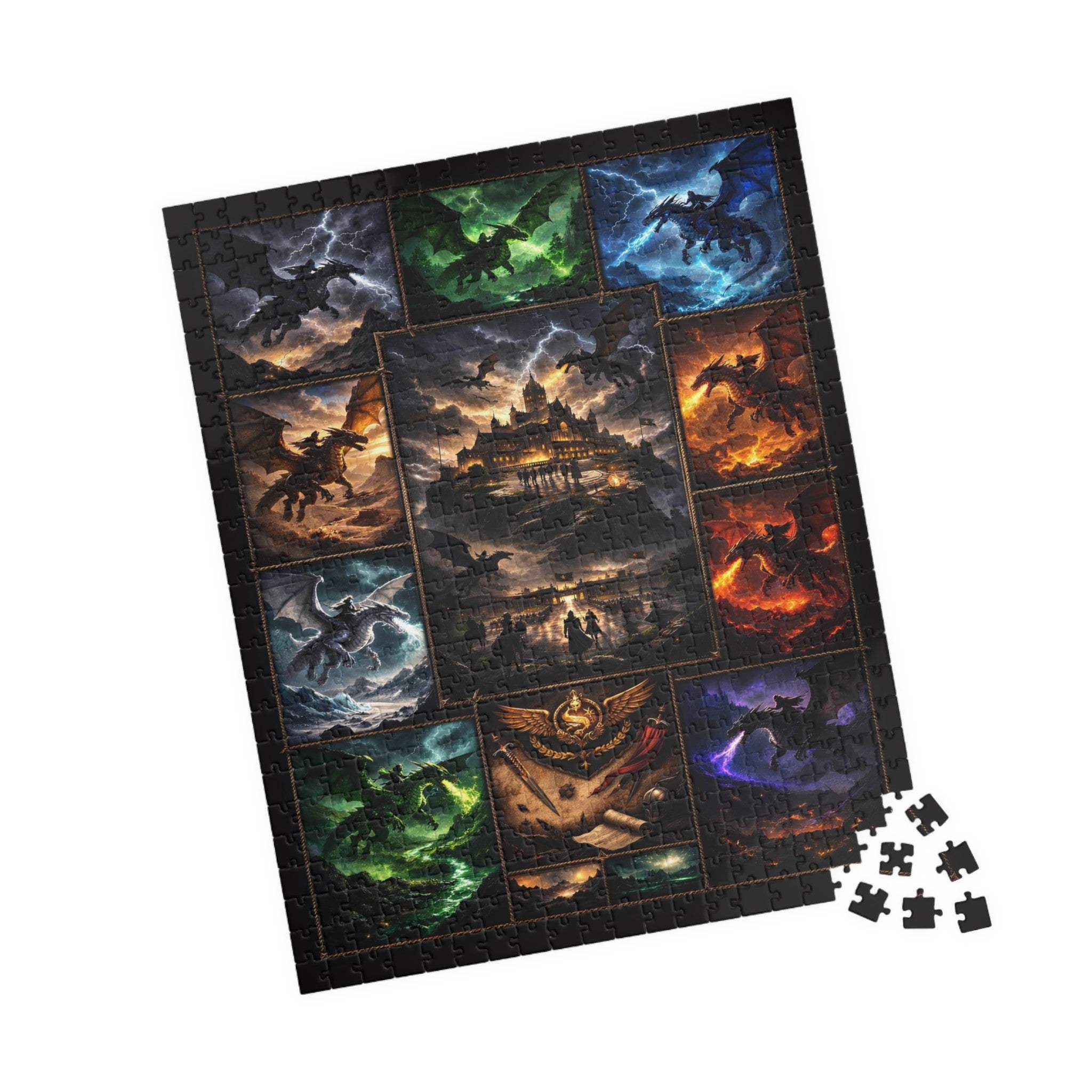 dark fantasy dragon artwork grid, medieval dragon rider art puzzle, vibrant high contrast dragon puzzle surface