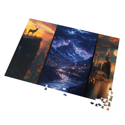 Majestic Fantasy Stag & Starry City Puzzle – Scenic Mountain Nightscape Jigsaw for Adults & Gifts