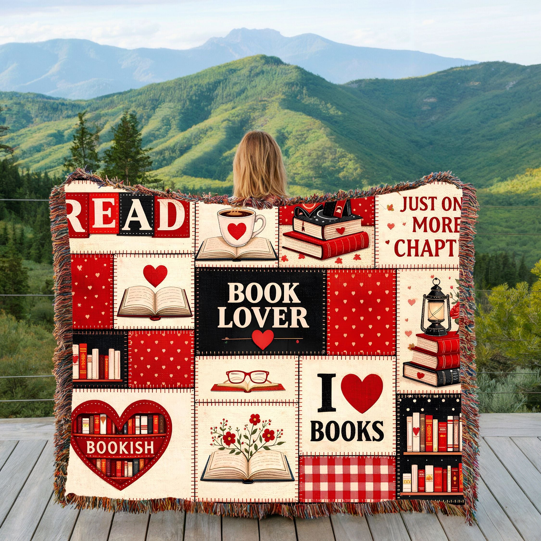 cozy book lover woven throw blanket for reading nook, valentine’s day gift for girlfriend who loves books, cotton tapestry blanket for readers couch decor