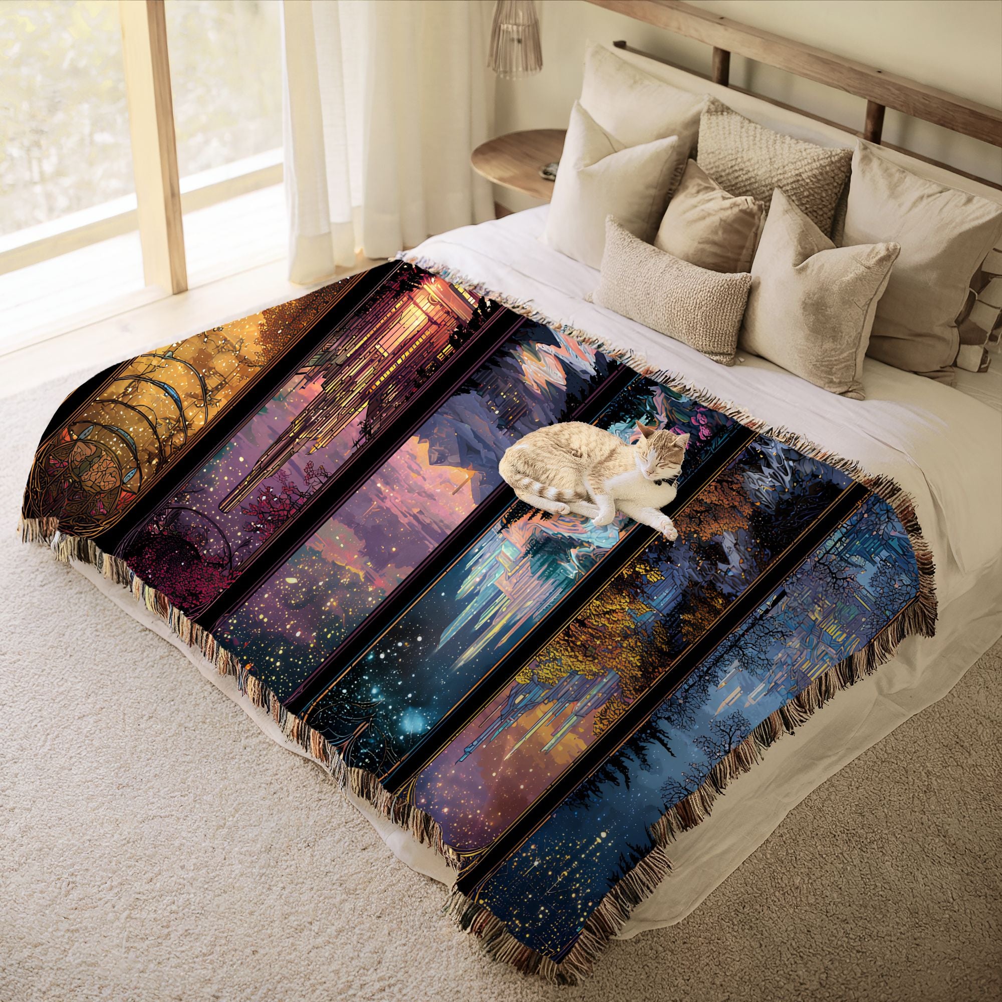 cozy woven fantasy blanket with jewel tone city panels, storybook city realm tapestry blanket in natural setting, scenic woven blanket with vertical fantasy city illustrations
