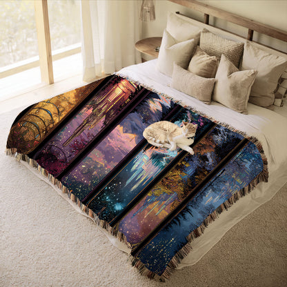 cozy woven fantasy blanket with jewel tone city panels, storybook city realm tapestry blanket in natural setting, scenic woven blanket with vertical fantasy city illustrations