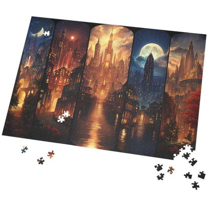Mystical Lunathion Crescent City fantasy puzzle gift for romantasy book lovers,
Moonlit towers skyline puzzle of Crescent City Lunathion with enchanted river lights
