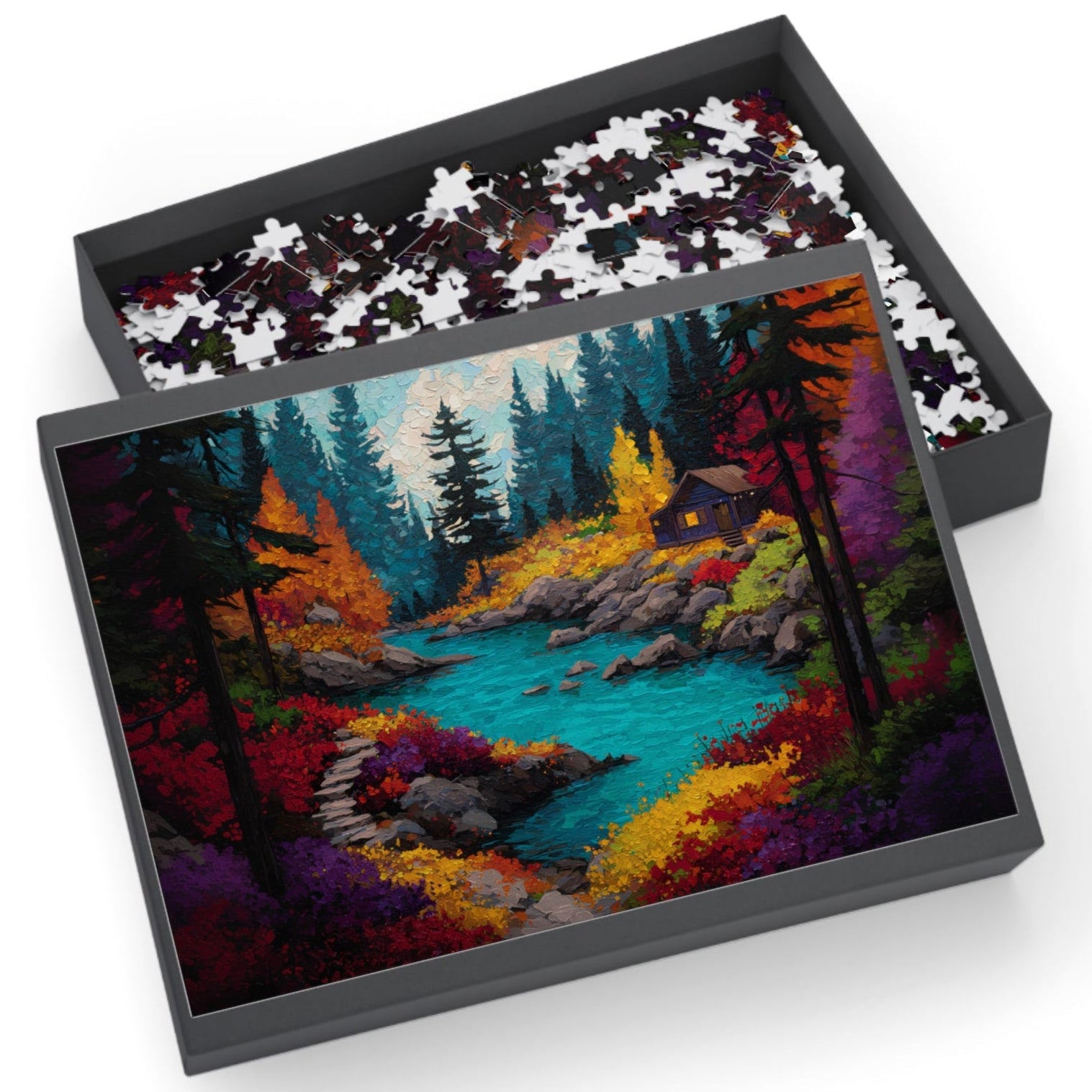 Autumn Cabin by the River Jigsaw Puzzle Cozy Fall Landscape Scene for Adults, Nature Retreat Gift
