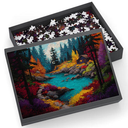Autumn Cabin by the River Jigsaw Puzzle Cozy Fall Landscape Scene for Adults, Nature Retreat Gift