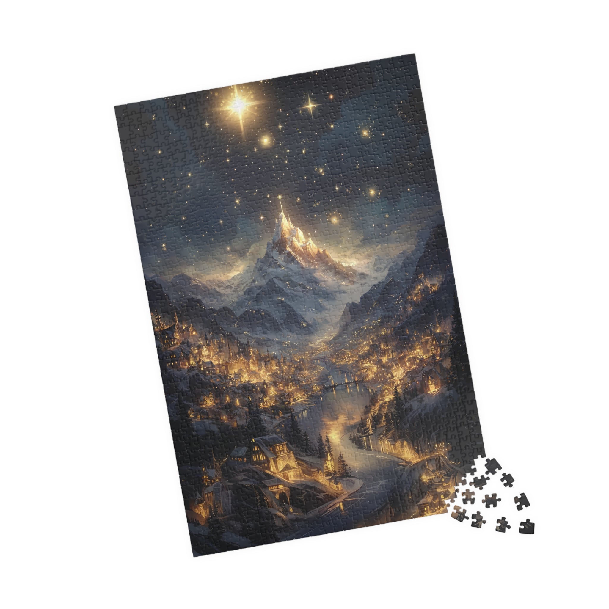 Fantasy Christmas Village Jigsaw Puzzle – Starry Night Snowy Mountain Town Holiday Gift