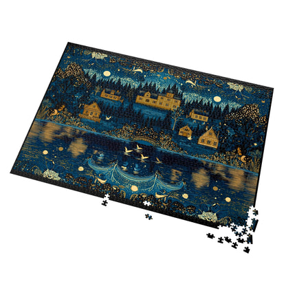 cozy cottage village puzzle perfect for quiet evenings, moonlit village puzzle with golden illustration details, relaxing cottagecore puzzle with woodland scenery