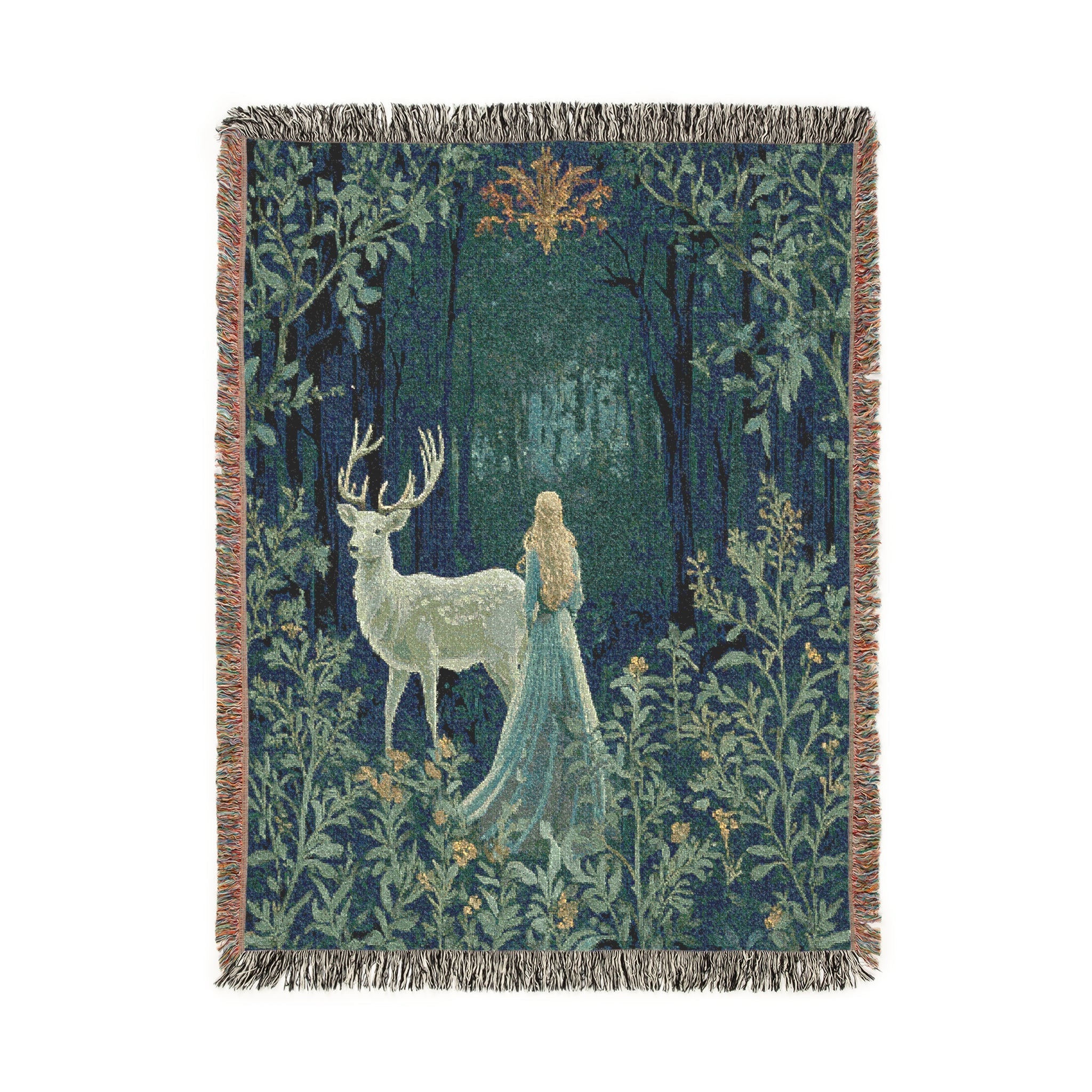 Enchanted Forest Woven Throw Blanket | Mystical Deer & Maiden Fairytale Tapestry Woodland Decor