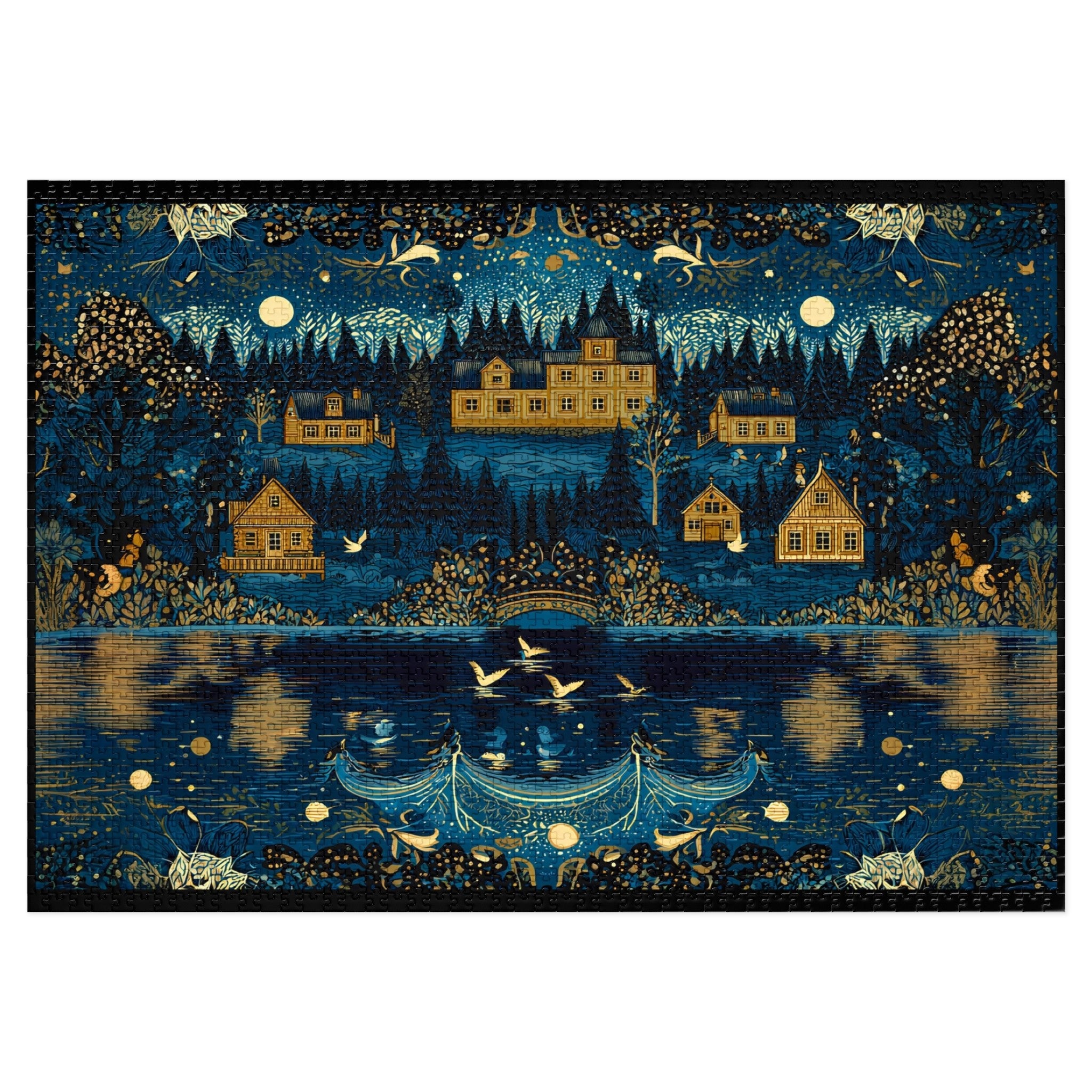relaxing adult jigsaw puzzle with woodland cottages at night, moonlit forest village puzzle with birds and lake reflection, cottagecore art puzzle featuring peaceful night village scene