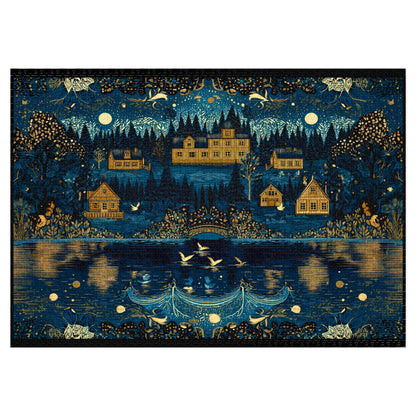 relaxing adult jigsaw puzzle with woodland cottages at night, moonlit forest village puzzle with birds and lake reflection, cottagecore art puzzle featuring peaceful night village scene