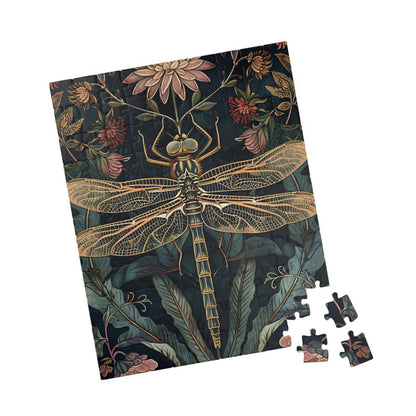 william morris inspired botanical puzzle with dragonfly centerpiece, vintage wallpaper style floral jigsaw puzzle, dragonfly illustration puzzle with rich botanical details