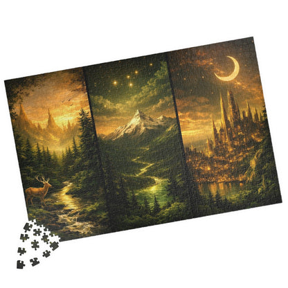 fantasy landscape jigsaw puzzle with glowing forest and winding river, magical world jigsaw puzzle showing mountains under a starry sky