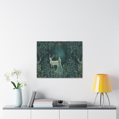 Enchanted Forest Stag & Maiden Canvas Wall Art Mystical Woodland Nature Lover Home Décor