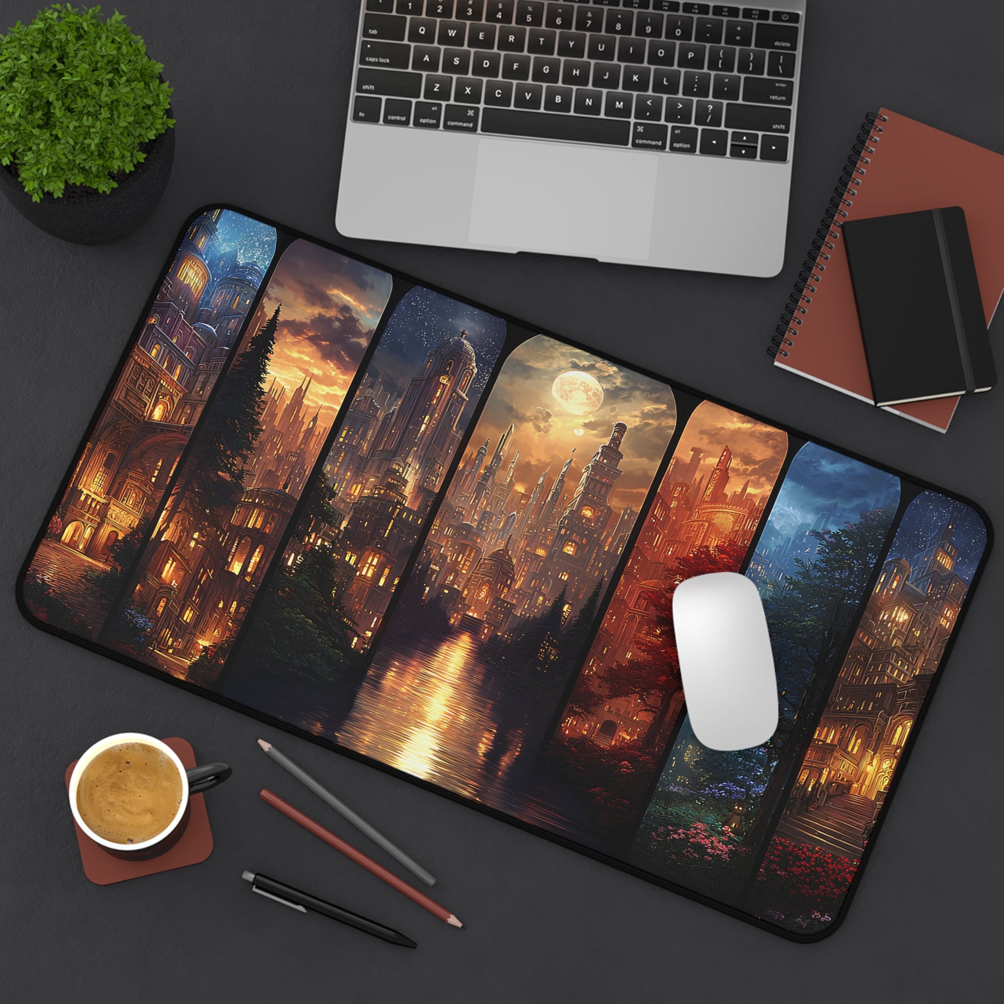 Crescent City inspired dreamy desk mat gift idea, fantasy desk mat with moonlit skyline art