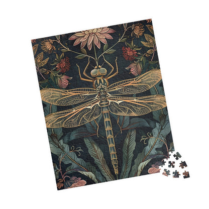 dragonfly illustration puzzle for cottagecore decor lovers, calming floral puzzle for mindfulness activity, heirloom style botanical jigsaw puzzle gift