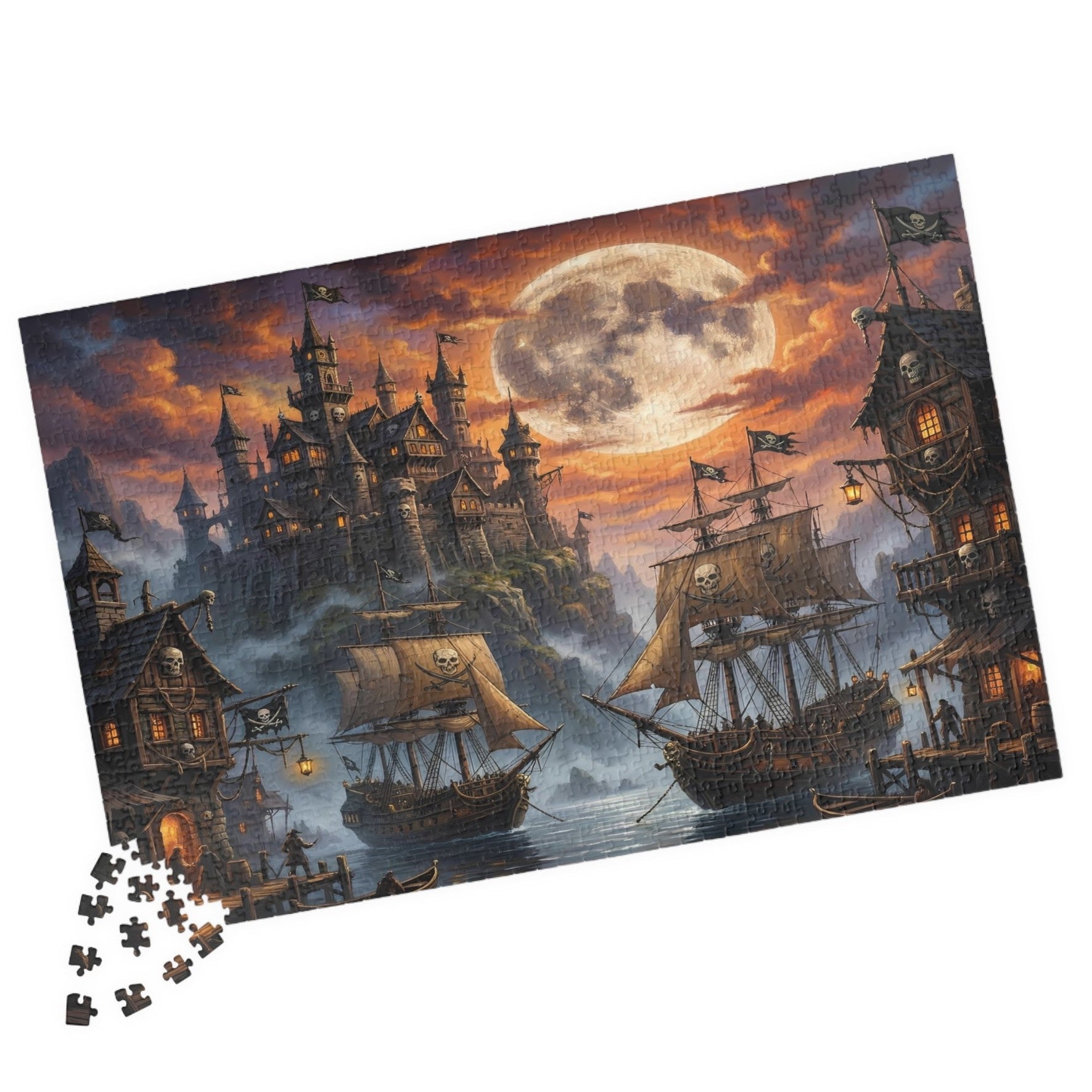 pirate harbor jigsaw puzzle with moonlit ships and gothic fantasy port, skulls bay pirate harbor fantasy jigsaw puzzle art scene, moonlit pirate ships jigsaw puzzle fantasy illustration
