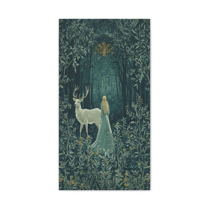 Enchanted Forest Stag & Maiden Canvas Wall Art Mystical Woodland Nature Lover Home Décor