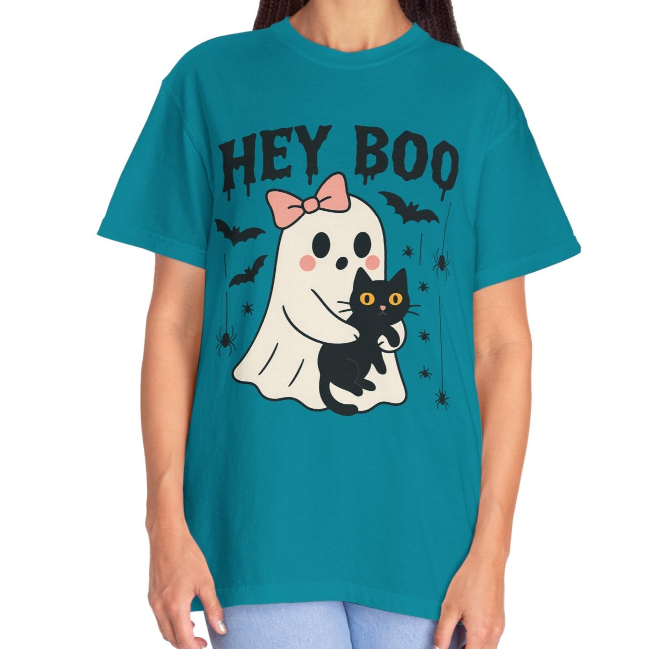 Hey Boo Ghost Shirt with Cat | Cute Halloween Tee for Women | Pastel Spooky Season Fall T-Shirt