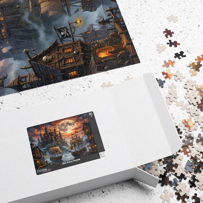 romantasy pirate harbor art puzzle for adults, fantasy pirate island harbor puzzle for collectors, pirate core fantasy puzzle for gothic home decor