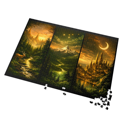 fantasy puzzle art suitable for framing after completion, relaxing adult puzzle with magical landscape illustration, fantasy jigsaw puzzle showcasing a moonlit city scene, adult puzzle with imaginative magical world artwork