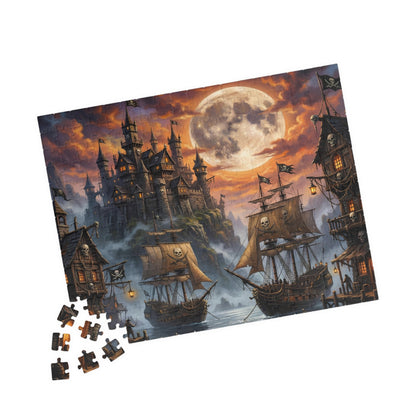 skulls bay pirate harbor jigsaw puzzle for romantasy readers, pirate harbor fantasy jigsaw puzzle for adults, moonlit pirate ship puzzle for book lovers