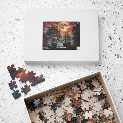 gothic pirate dock puzzle for collectors, fantasy sailing ship harbor puzzle for adults, pirate harbor wall art jigsaw puzzle scene