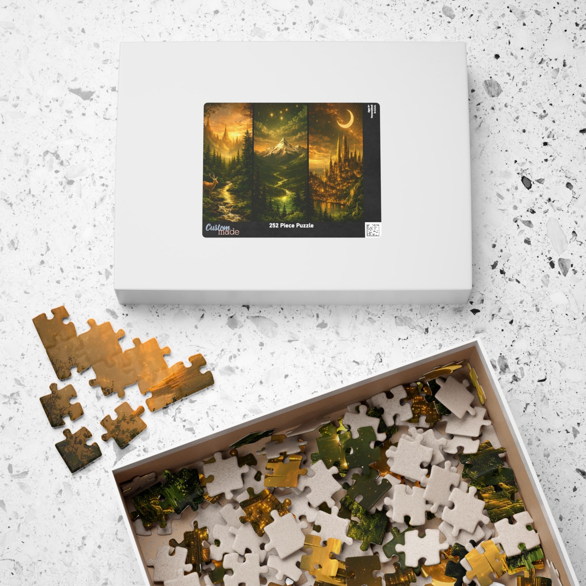 cozy fantasy landscape puzzle with loose puzzle pieces, screen free adult puzzle featuring magical forest and moonlit city