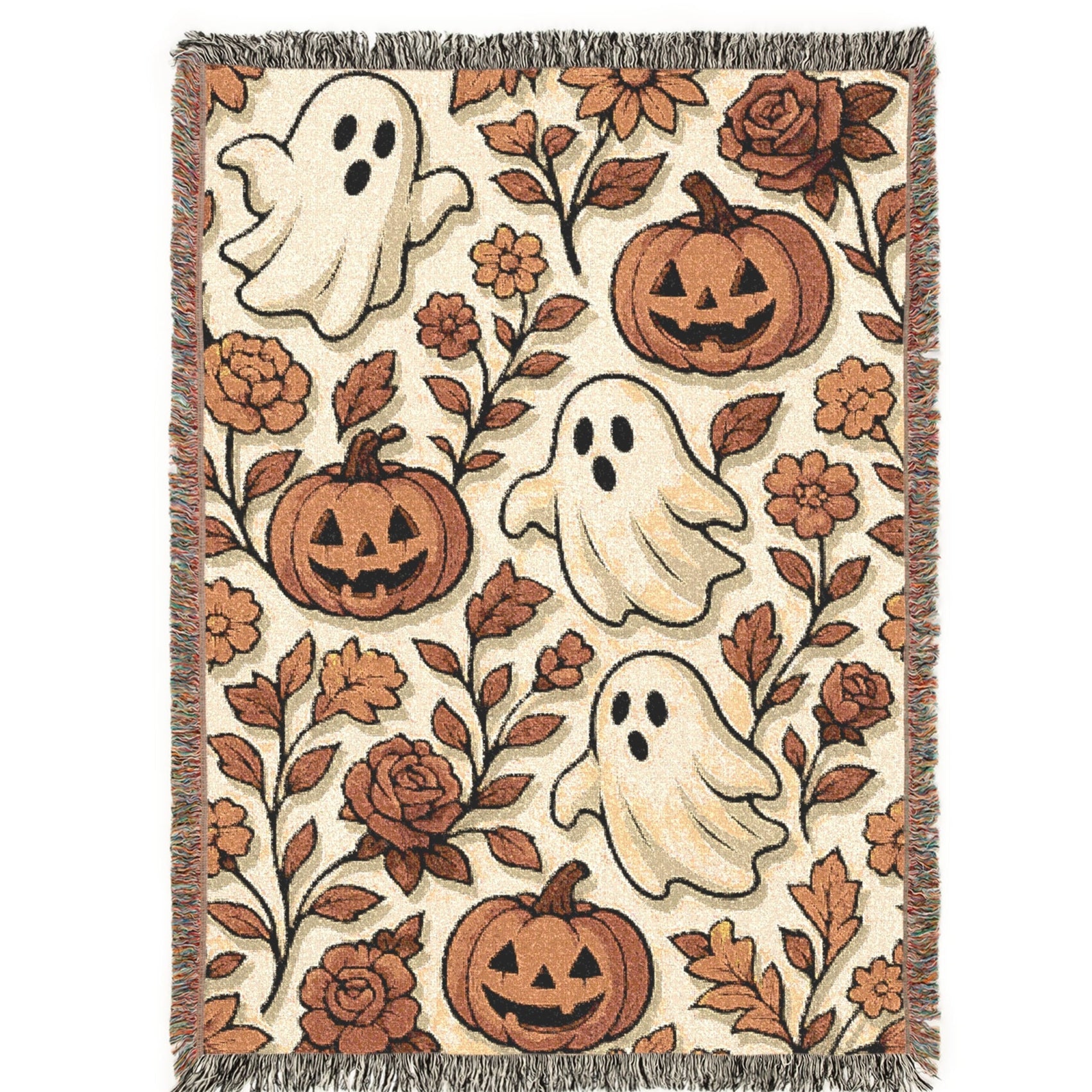 ghost pumpkin halloween woven blanket with fringe, spooky halloween throw blanket with vintage florals