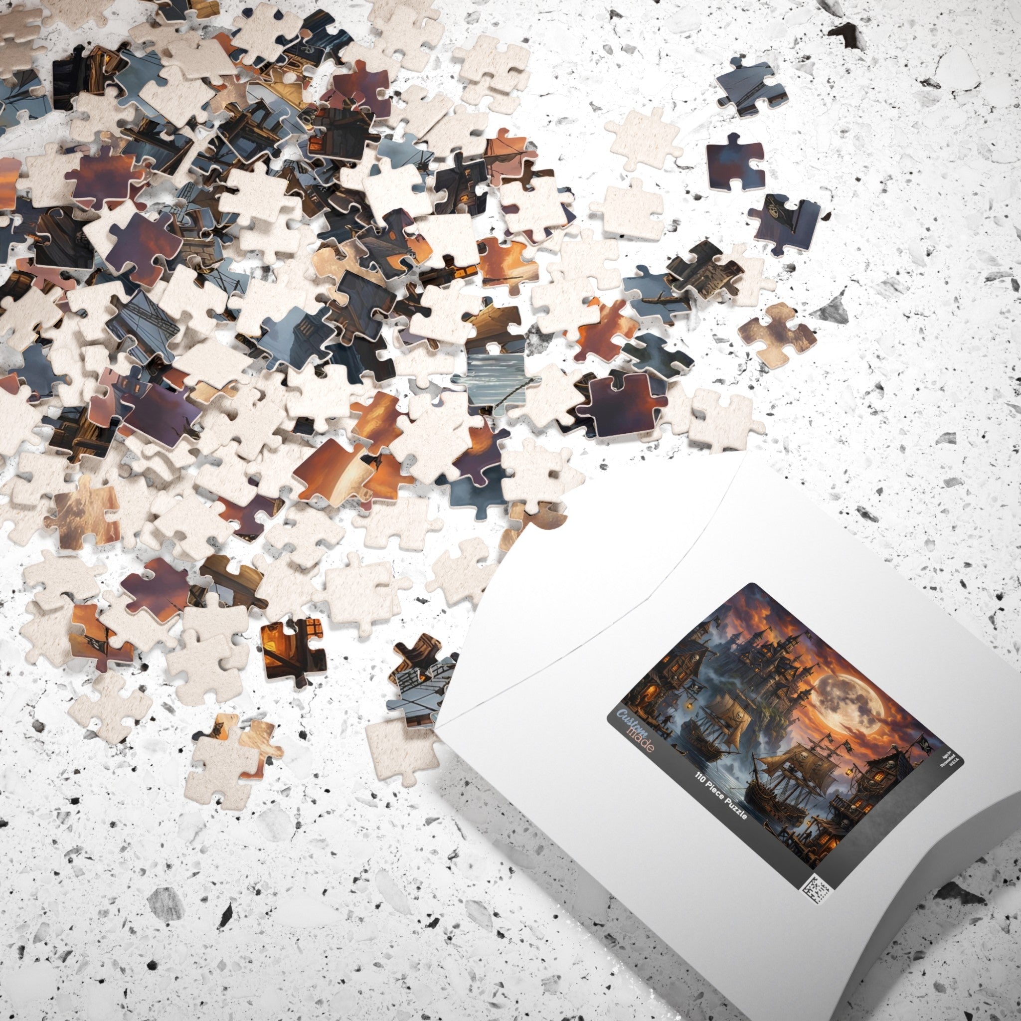 pirate ships at harbor fantasy puzzle illustration, moonlit ocean harbor jigsaw puzzle fantasy artwork, pirate village harbor puzzle with ships and lantern light