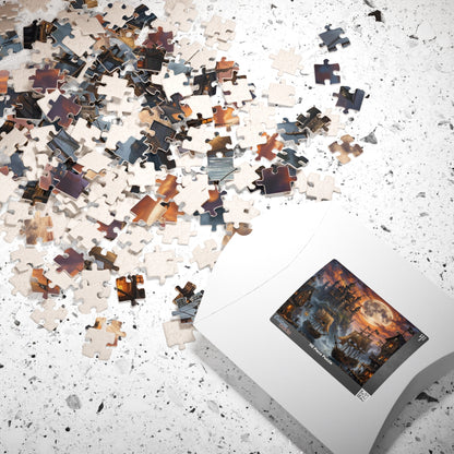 pirate ships at harbor fantasy puzzle illustration, moonlit ocean harbor jigsaw puzzle fantasy artwork, pirate village harbor puzzle with ships and lantern light