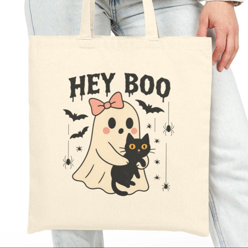 Cute Ghost & Black Cat Halloween Tote Bag | Fall Canvas Bag for Her | Reusable Trick-or-Treat Shopper