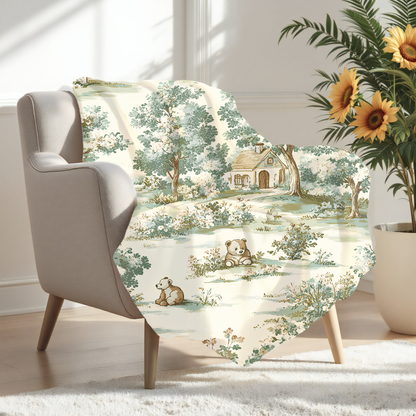 vintage teddy bear toile fleece blanket for cozy nurseries, soft microfiber throw blanket with woodland design, cottagecore nursery blanket with vintage teddy bear print