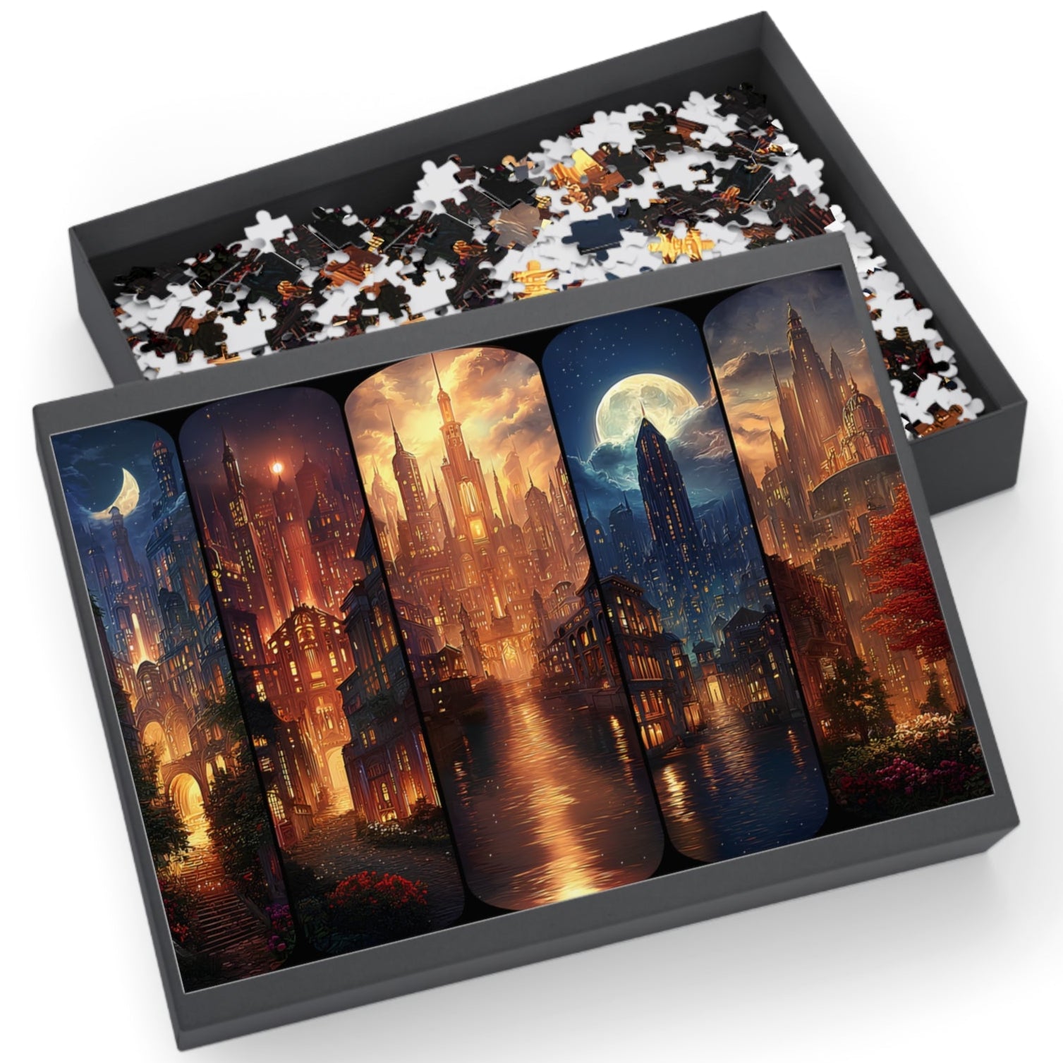 Scenes of Lunathion Crescent City fantasy puzzle with moonlit skyline and glowing towers,
Crescent City Lunathion jigsaw puzzle enchanted skyline with river lights and night sky,