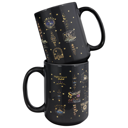 ACOTAR Fantasy Book Lover Mug – Black Glossy Celestial Coffee Cup Gift for Readers & Dreamers