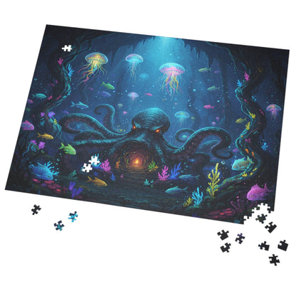 glowing jellyfish puzzle artwork, underwater coral reef puzzle