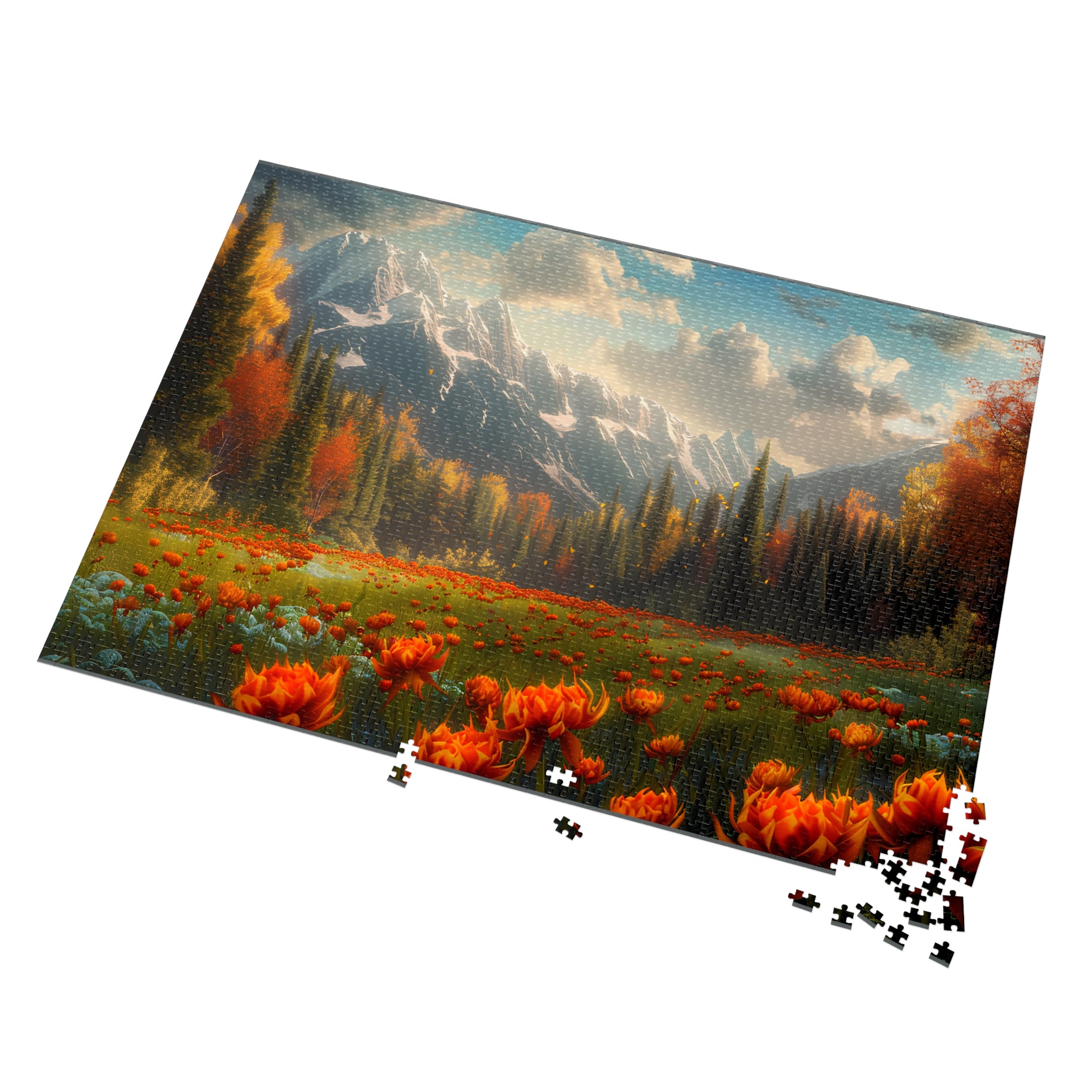 autumn mountain meadow puzzle for tea and candle nights, peaceful puzzle art with golden light and serene sky