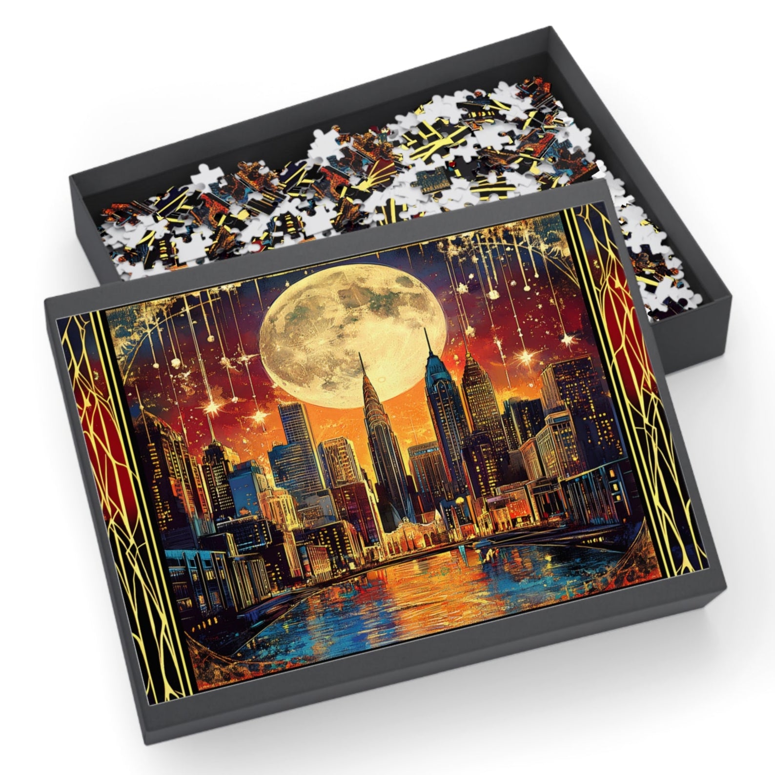 Midnight City Skyline Jigsaw Puzzle – Art Deco New York Puzzle Gift for Adults, Moonlit Wall Decor