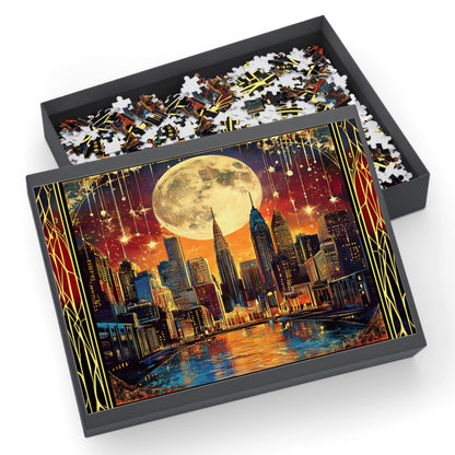 Midnight City Skyline Jigsaw Puzzle – Art Deco New York Puzzle Gift for Adults, Moonlit Wall Decor