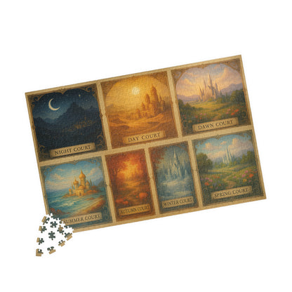 Fantasy Seasonal Courts Jigsaw Puzzle – 7 Magical Realms with Castles, Mystical Puzzle Gift for Her