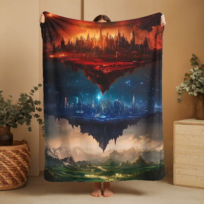 Cozy woven blanket featuring surreal floating world cityscape design