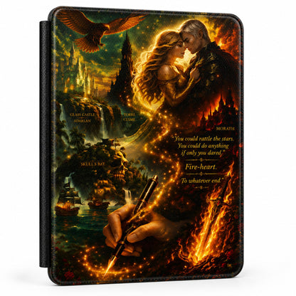 A black protective tablet case featuring a detailed fantasy illustration of a romantic scene with a couple, a burning hand, ships on the water, and text names printed on the cover, shown against a plain white background.