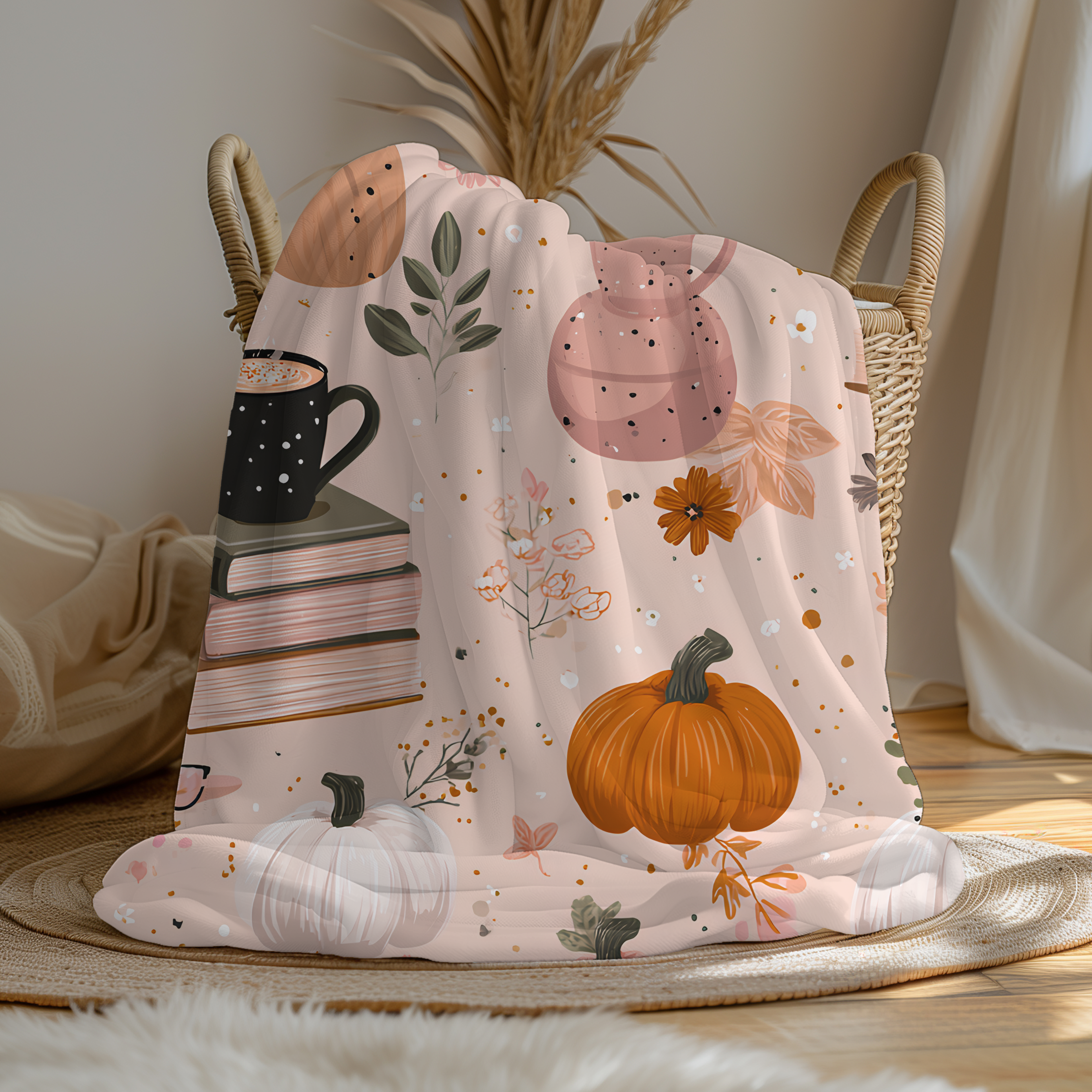 Cozy Fall Velveteen Plush Blanket – Pumpkin Coffee Floral Autumn Throw – Cottagecore Neutral Decor
