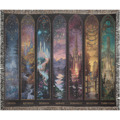 cozy tapestry blanket with illustrated fantasy skyline, woven fantasy blanket styled as wall art throw, scenic fantasy city woven blanket for sofa decor