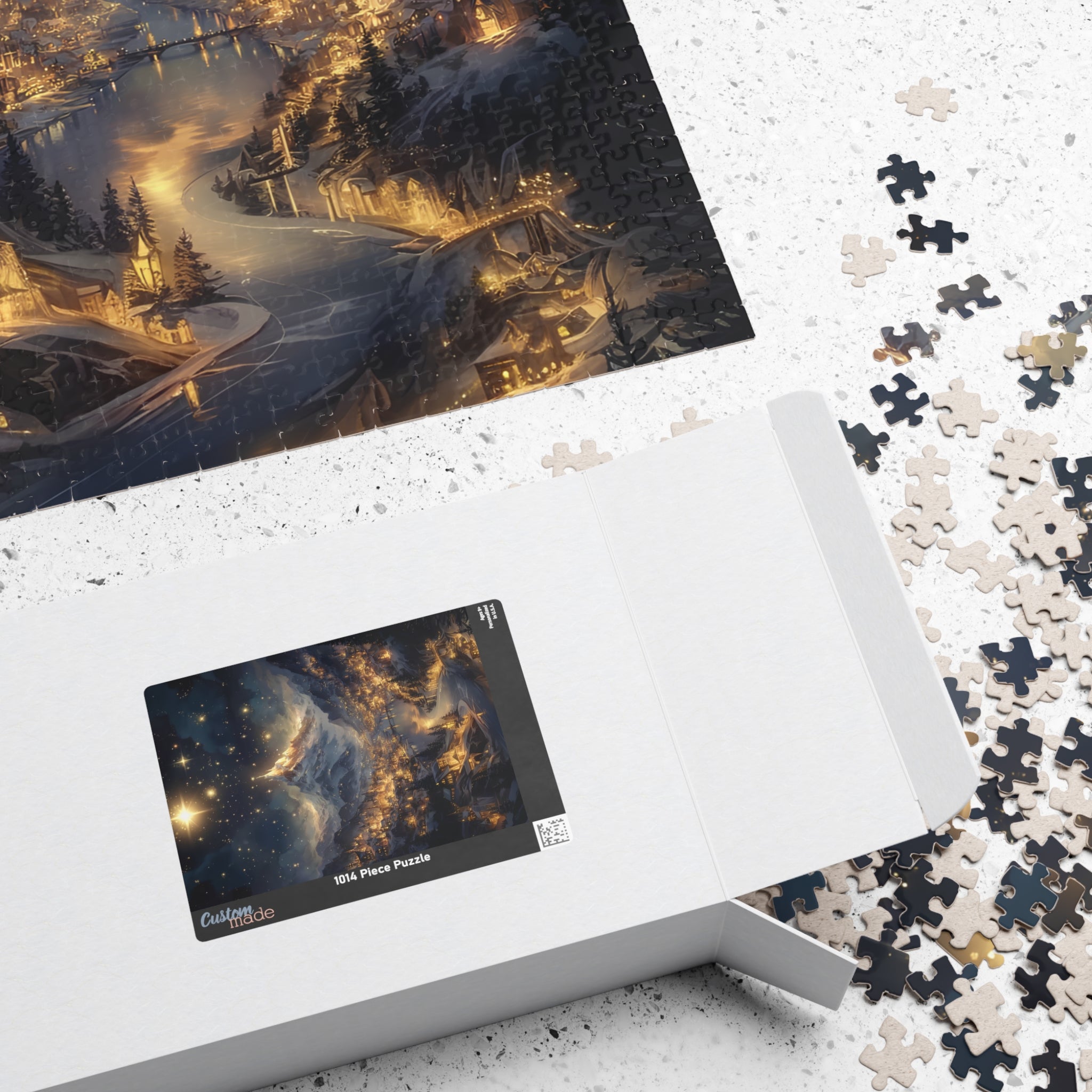 Fantasy Christmas Village Jigsaw Puzzle – Starry Night Snowy Mountain Town Holiday Gift